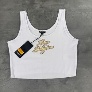 True Religion Tank Top Women L Crystal Rhinestone Raw Hem White Gold NEW $59
